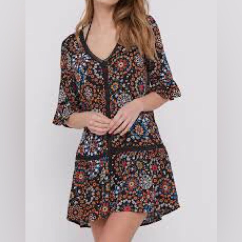 Desigual Tunic Multicolor Floral Size L 3/4 Ruffle Sleeves Crochet Trim